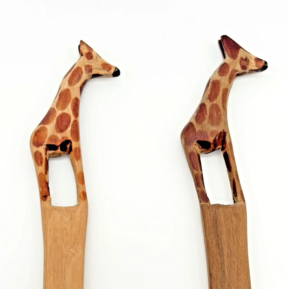 Hand Carved Wood Giraffe Salad Spoon Fork Server
